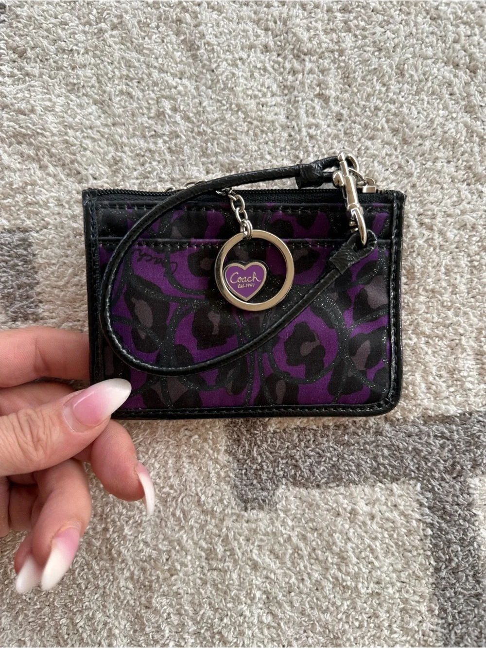 Coach Purple and Black Leopard Print Card Case with Wrist Strap